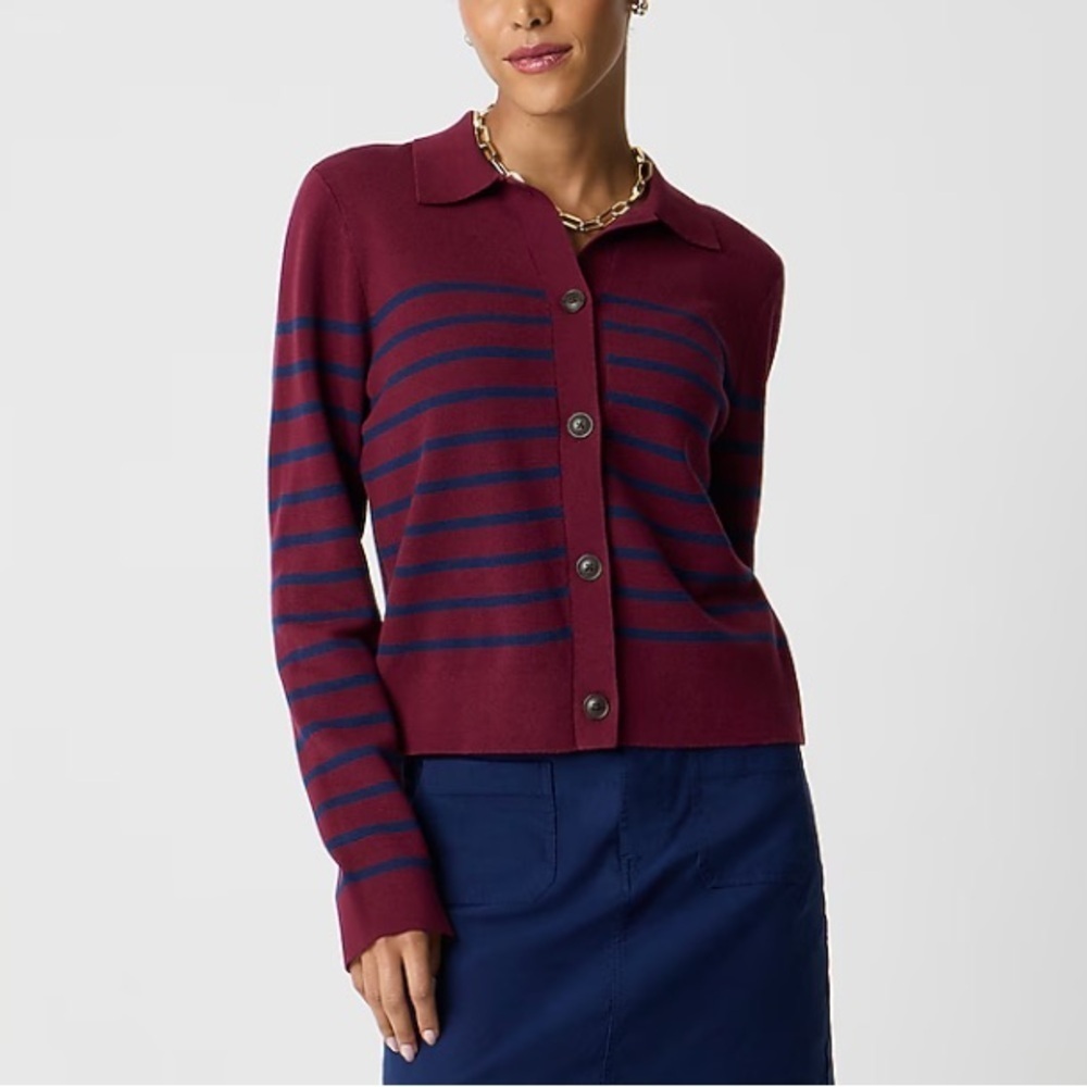 J crew burgundy navy Striped collared sweater-jacket